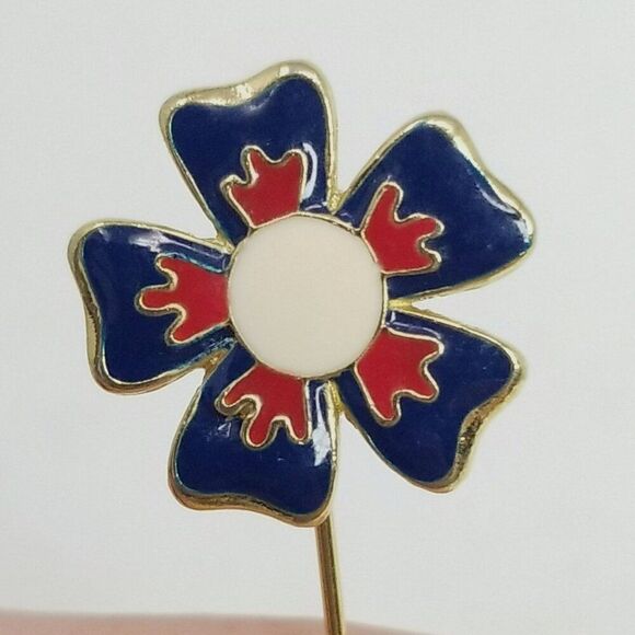 Vintage Red White Blue Enamel Flower Stick Pin, Floral Brooch, Estate - Picture 1 of 8